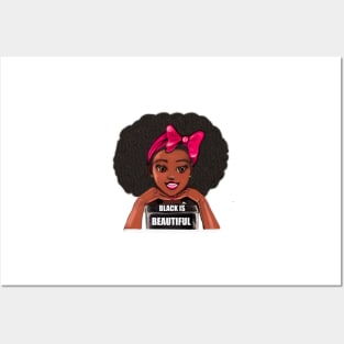 Queen Black is beautiful black girl with Big afro, pink bow, brown eyes and dark brown skin ! Posters and Art